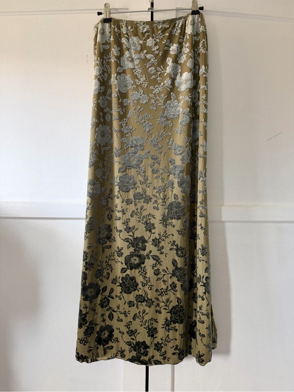 See You Monday Olive Green Maxi Skirt with Green Velvet Floral Jacquard